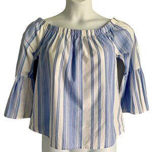 No Comment NYLA Blue White Cotton Off Shoulder Shirt Bell Sleeves Large NEW